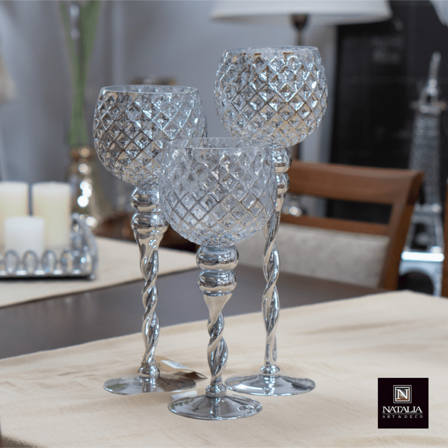 SET X3 CANDELABROS VIDRIO PLATEADO