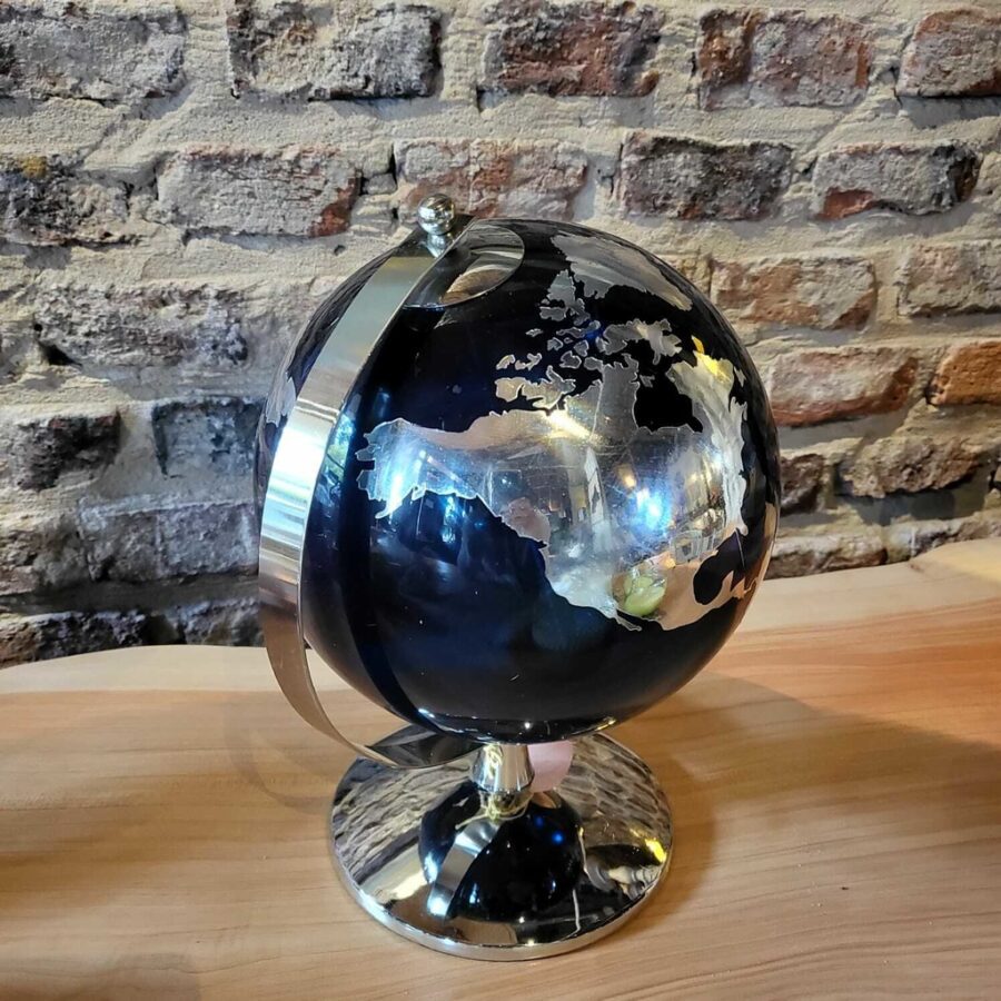 GLOBO TERRÁQUEO CROMADO Y VIDRIO AZUL NOCHE