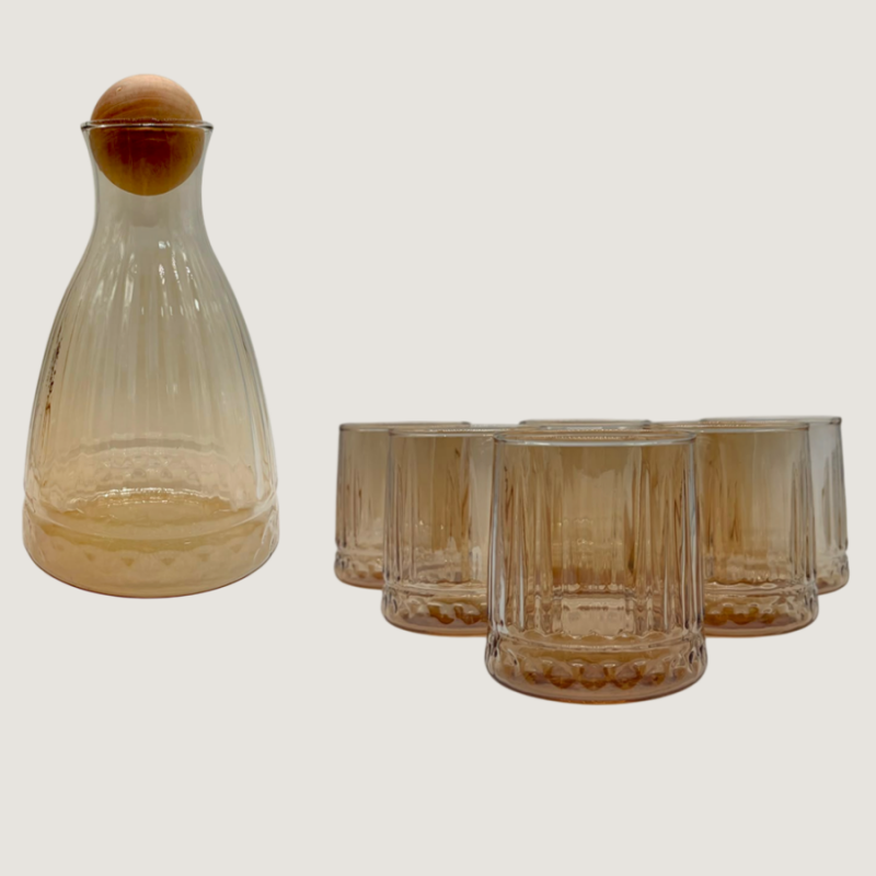BOTELLA DE VIDRIO + SET DE VASOS HUMO- AMBAR
