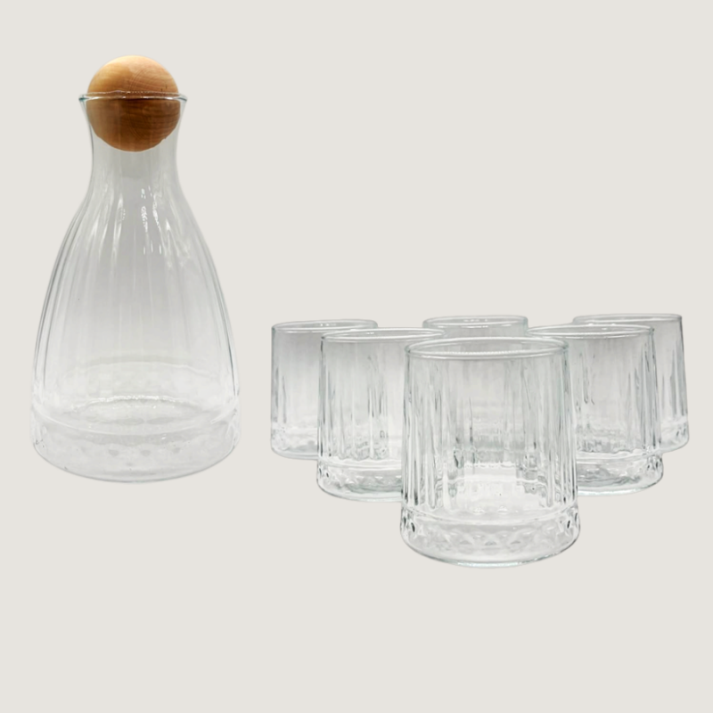 BOTELLA DE VIDRIO + SET DE VASOS TRANSPARENTE