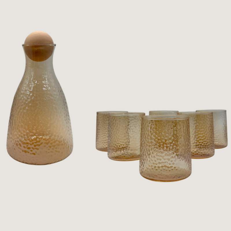 BOTELLA DE VIDRIO + SET DE VASOS AMBAR - HUMO